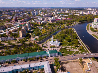 Aerial view of city of Oryol with bulidings and river, Russia region