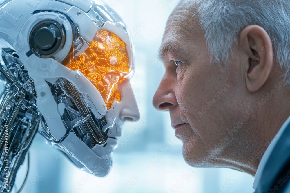 Poster a man is looking at a robot with a face that has a yellow eye