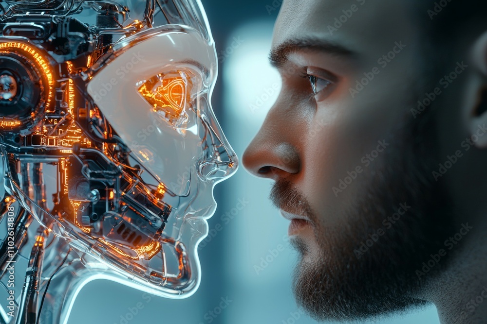 Poster a man is looking at a robot with a face