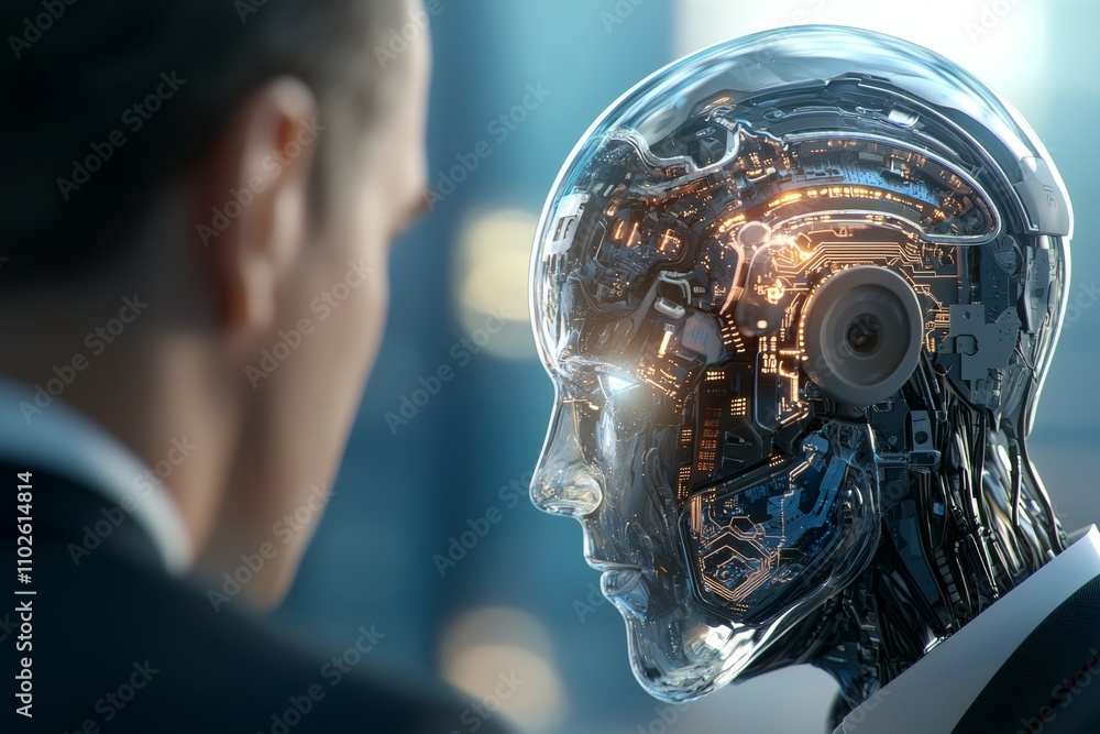 Poster a man is looking at a robot with a face