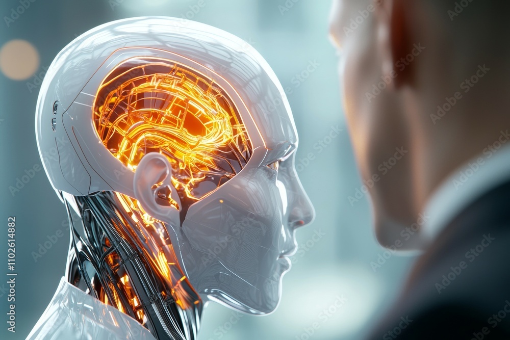 Poster a man is looking at a robot with a brain