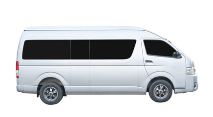 Side view of white van car isolated with clipping path in png file format