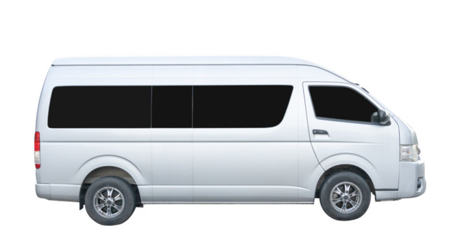 Side view of white van car isolated with clipping path in png file format