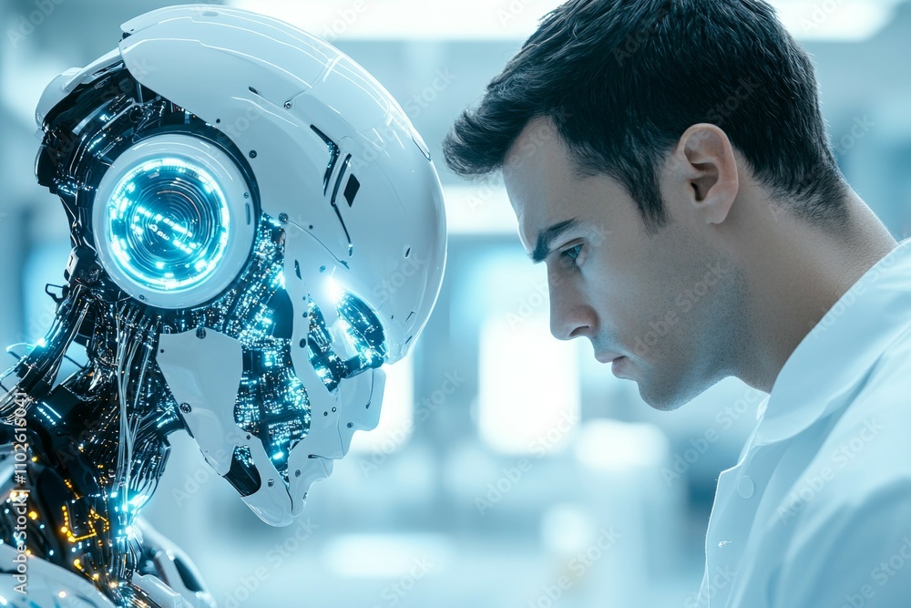 Poster a man is standing in front of a robot with a blue face