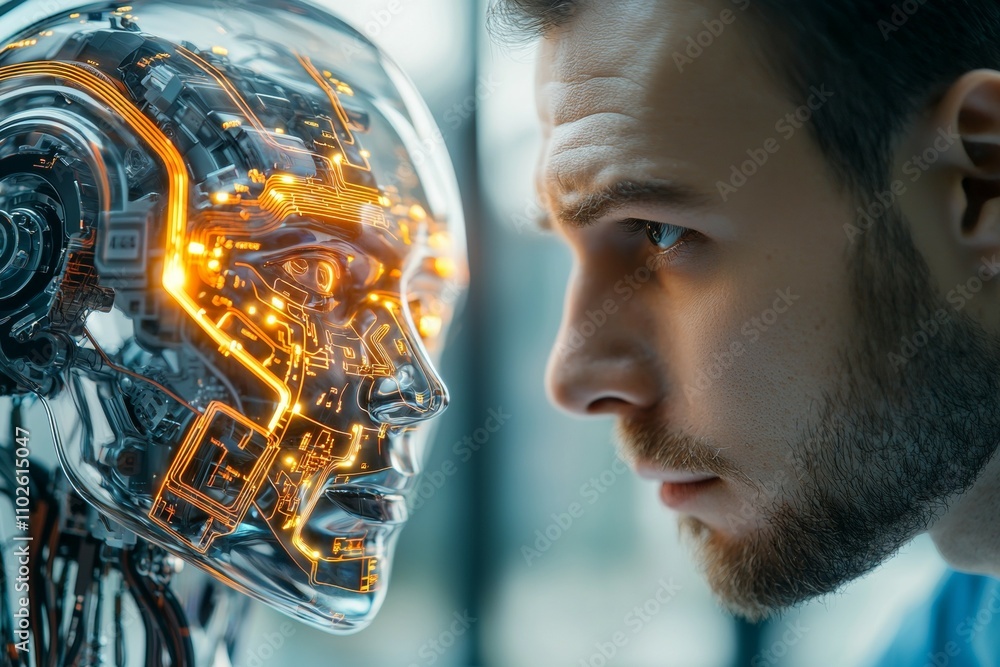 Poster a man is looking at a robot with a face made of metal