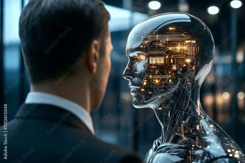 Poster a man is looking at a robot with a face