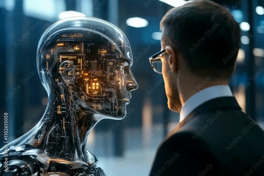 Poster a man in a suit is looking at a robot with a face
