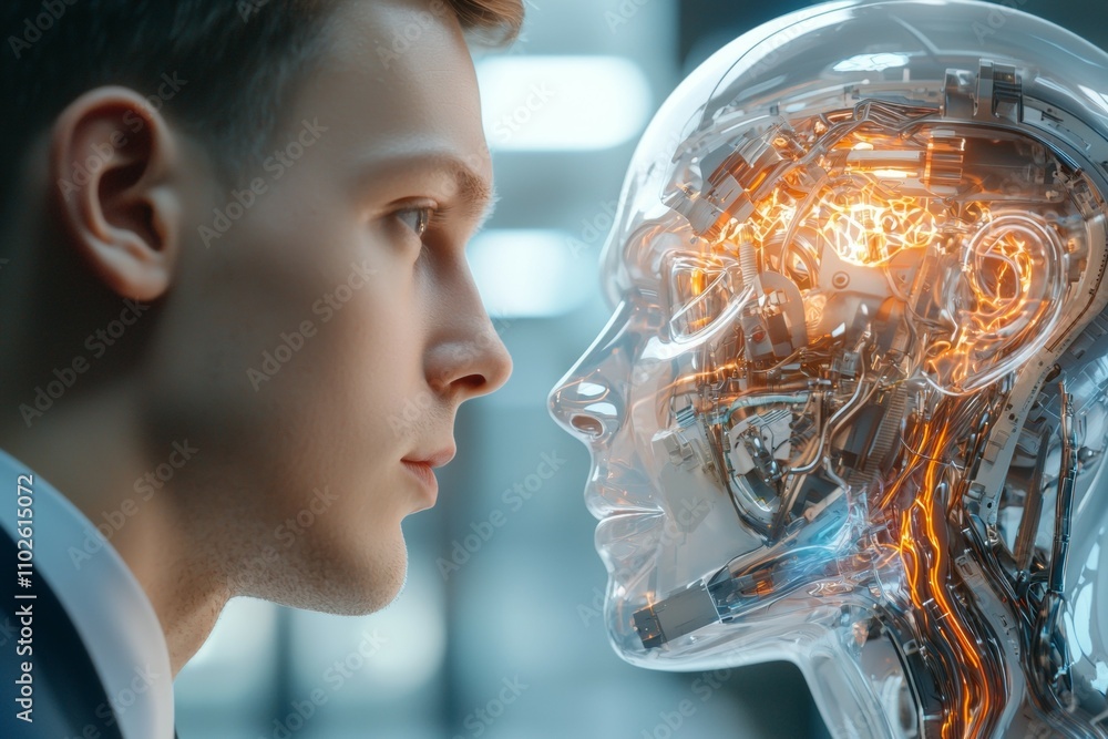 Poster a man is looking at a robot with a glowing head