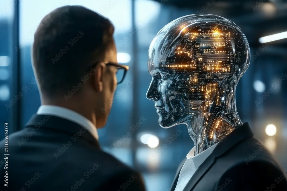 Poster a man in a suit is looking at a robot with a face