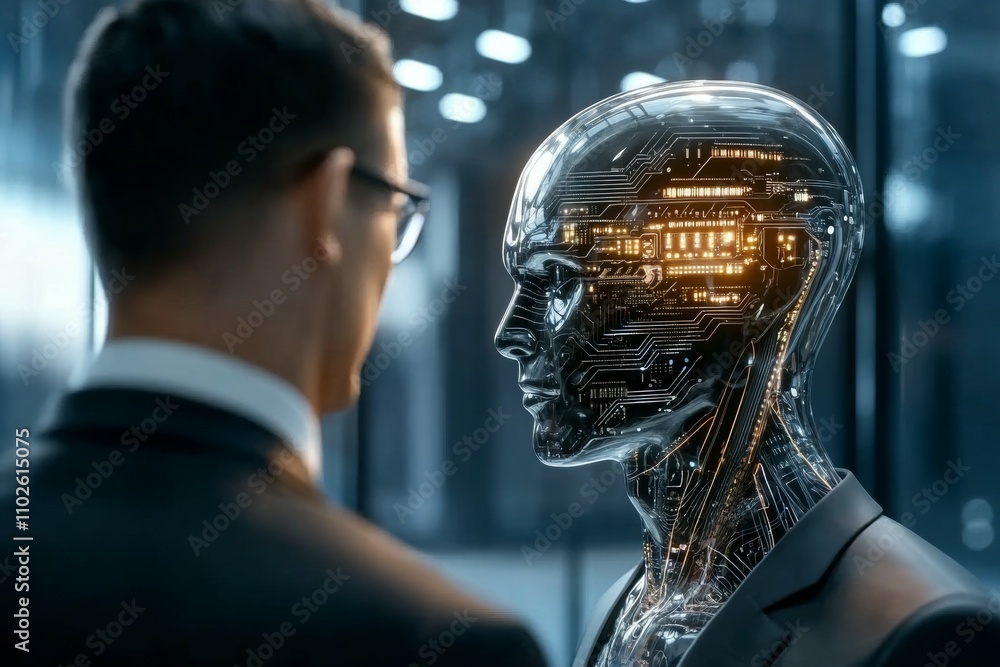 Poster a man in a suit is looking at a robot with a face