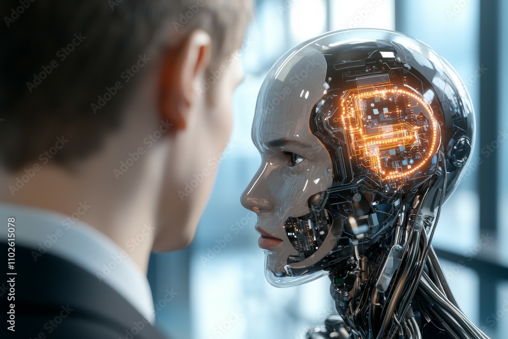Poster a man is looking at a robot with a face that has the letter p on it