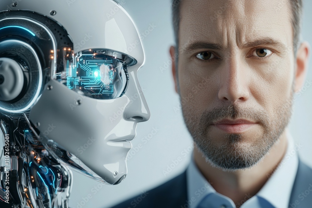 Poster a man is standing in front of a robot with a serious expression on his face