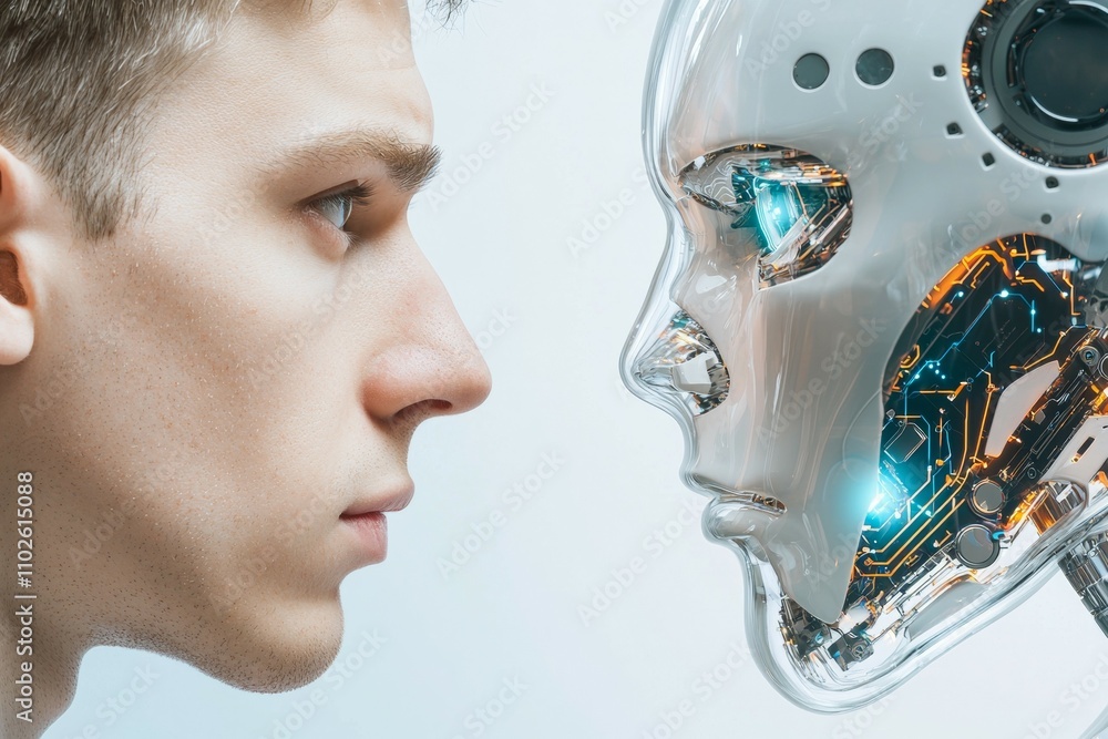Poster a man is looking at a robot with a serious expression