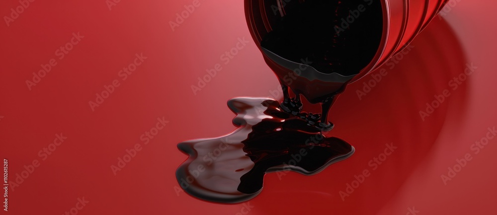 Poster black liquid spilling from a container on a vibrant red background, creating a dynamic and dramatic 