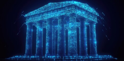 Obraz premium Digital Ancient Greek Temple with Columns of Blue Glowing Binary Code on Dark Background, Blockchain and Virtual Currency Concept, Vector Illustration