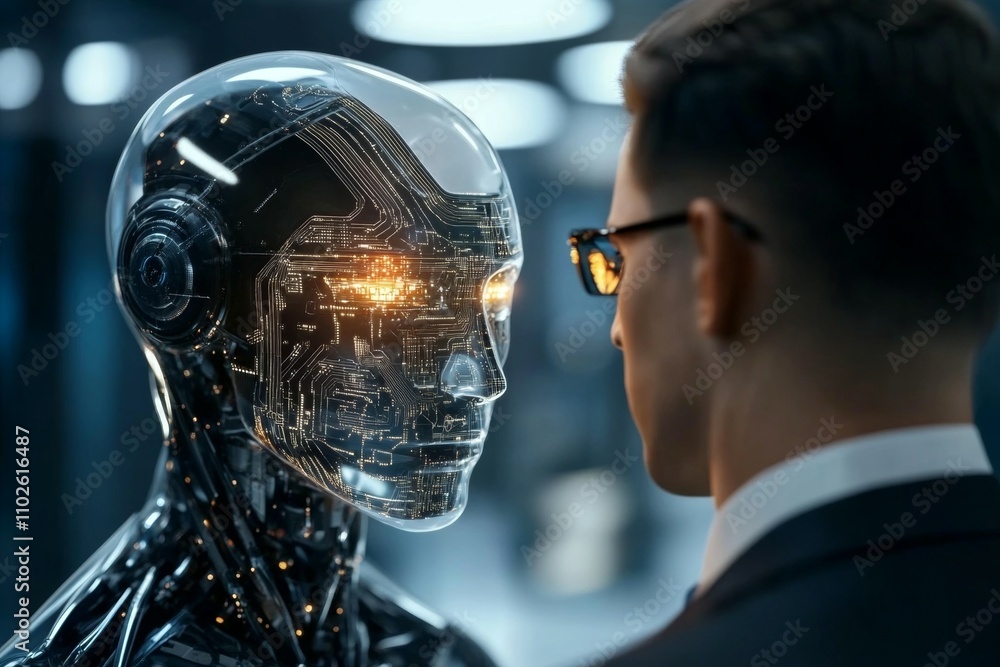 Poster a man is looking at a robot with a pair of glasses