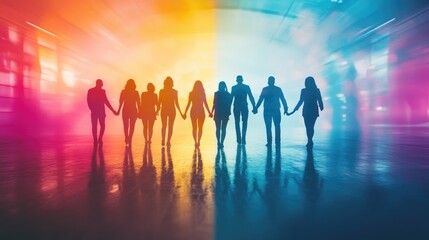 Fototapeta premium Double Exposure Silhouette of Business People Holding Hands on a Colorful Background, Team Building and Company Culture Concept Banner