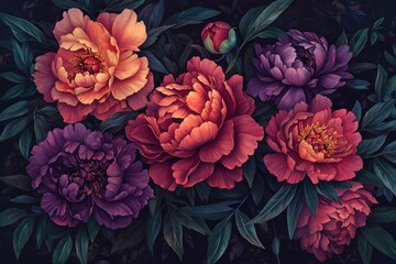 Beautiful dark floral composition featuring vibrant peonies in shades of pink, purple, and burgundy, surrounded by lush green leaves. Floral elegance and nature concept.