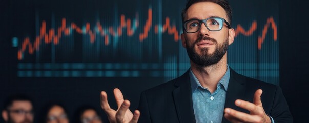 investment technique outreach concept. Futuristic investment coach guiding a group with augmented reality graphs and immersive data visuals