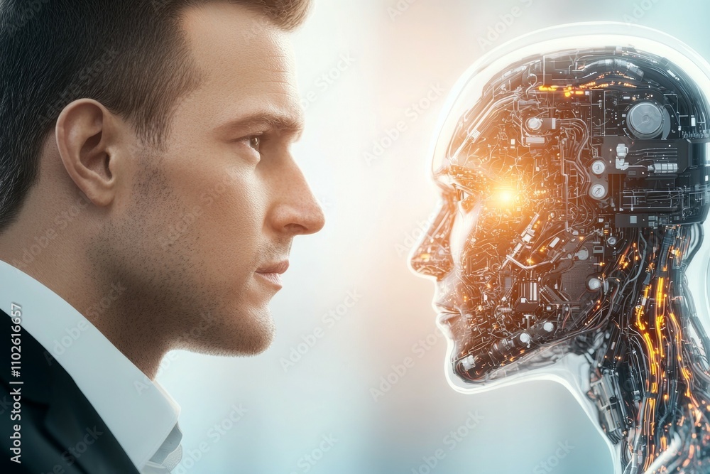 Poster a man is looking at a robot with a face