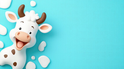 Fototapeta premium Happy cartoon cow with milk splashes on blue background