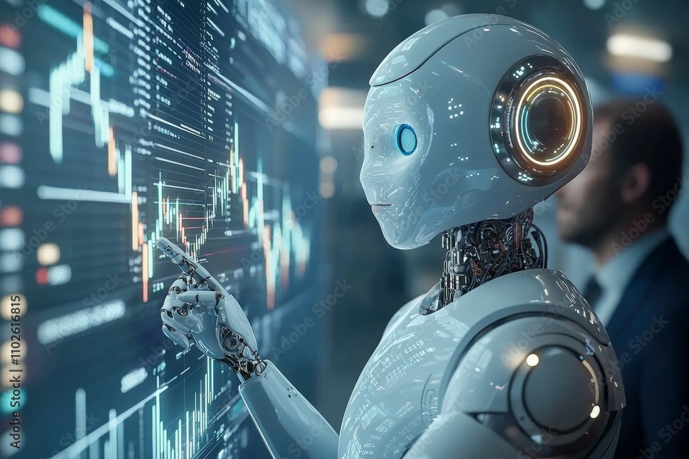 Poster a robot is pointing at a computer screen with a finger
