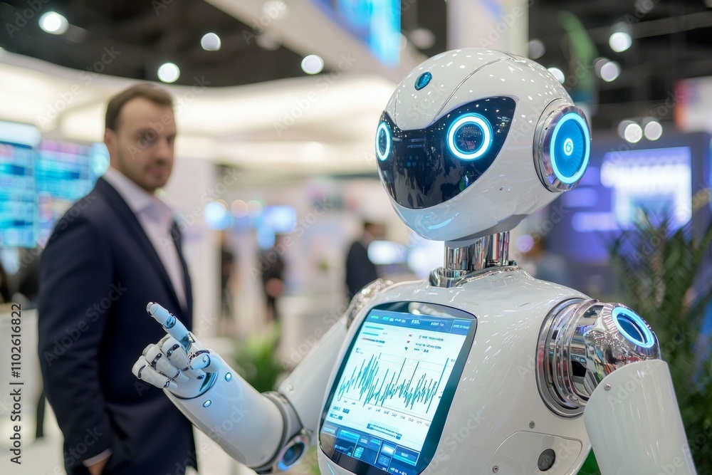 Aufkleber a robot is pointing to a screen with a man standing behind it
