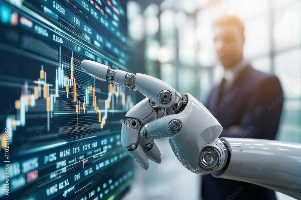 Poster a robot is pointing at a computer screen with a lot of numbers on it
