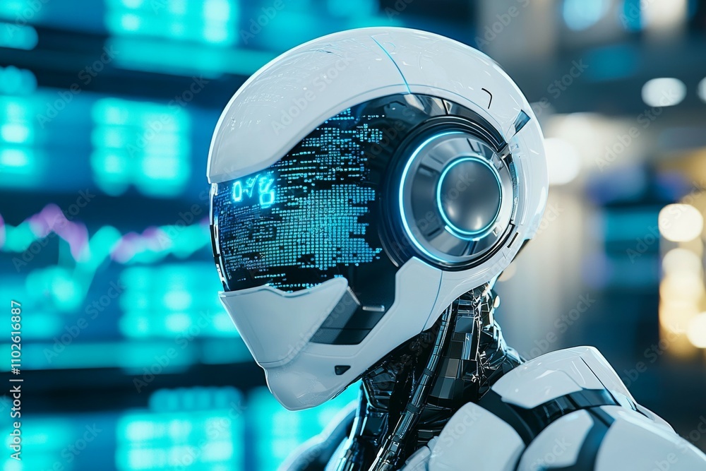 Aufkleber a robot with a blue face and white body stands in front of a computer monitor