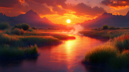 Obraz premium Fiery Sunset Landscape Illustration