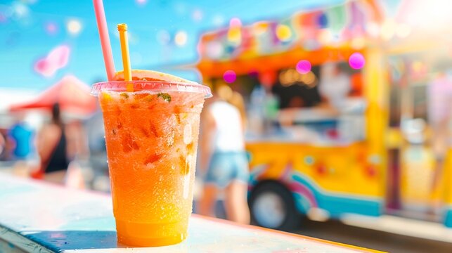 Vibrant and refreshing orange colored beverage served in a disposable cup with a straw set against a blurred background of a lively carnival or amusement park scene with colorful lights and