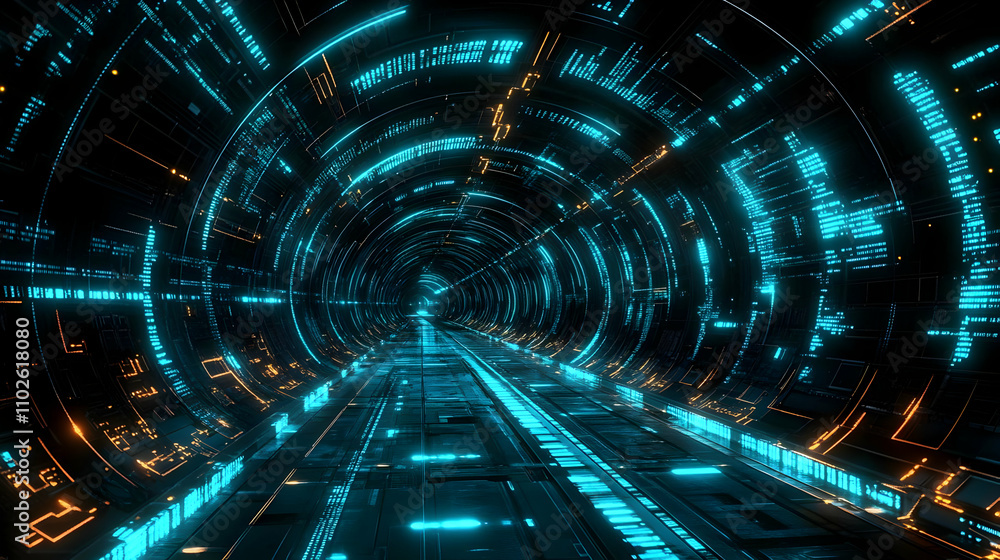 Poster futuristic 3d tunnel with glowing data stream