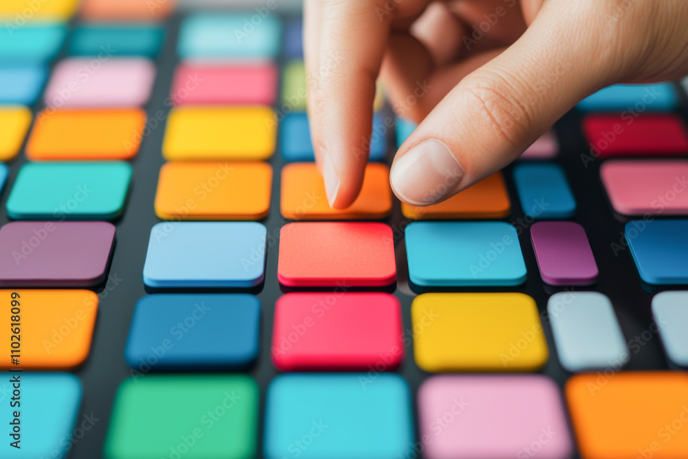 Poster a close-up of a hand pressing colorful buttons on a digital interface.