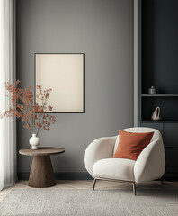 Minimalist, loft home interior design of modern living room. Room with soft boucle chairs and sofa against stucco wall, abstract art, and a neutral color palette, creating a serene and elegant space.