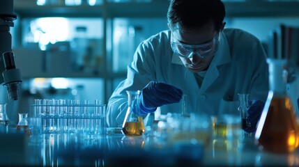 A chemical engineer working in a lab, conducting experiments with safety equipment.