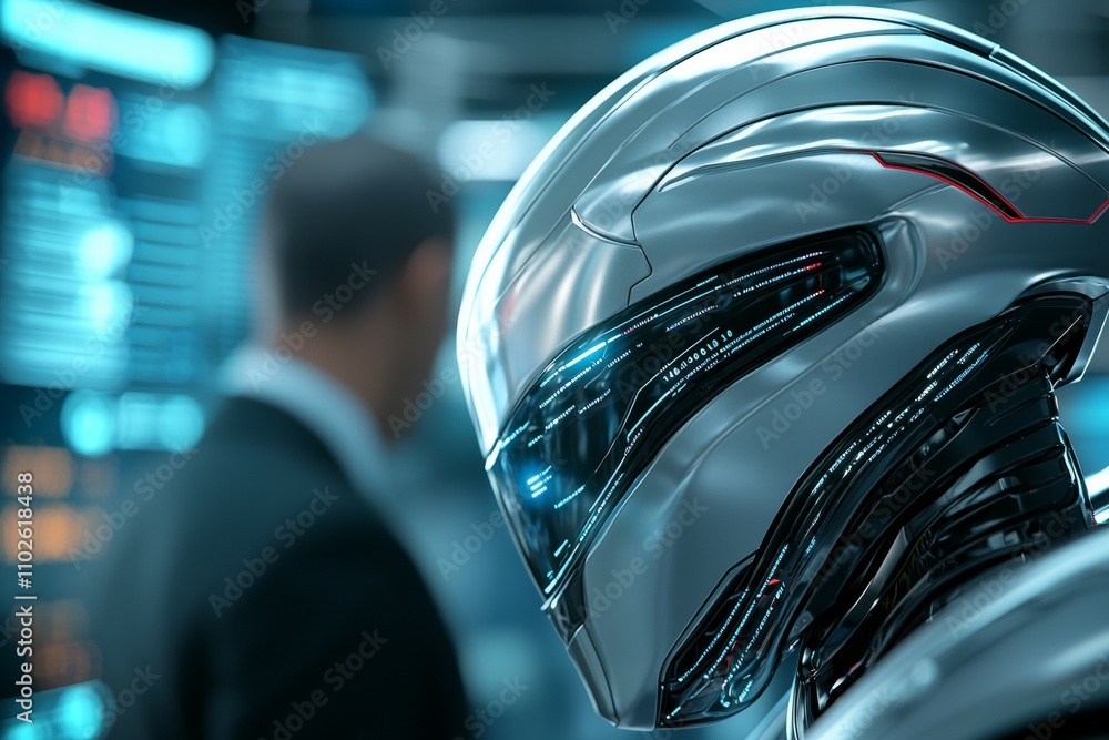 Poster a man is standing behind a robot with a helmet on