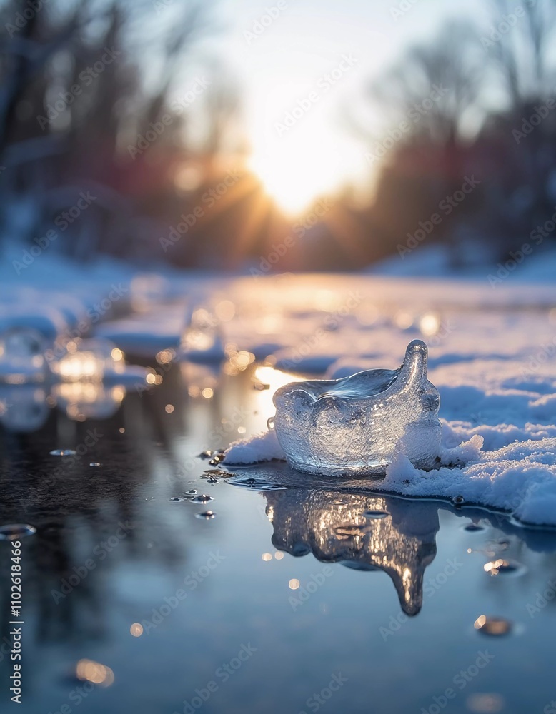 Poster sunlight breaks through the trees at dawn, reflecting off a tranquil river dotted with melting ice. 