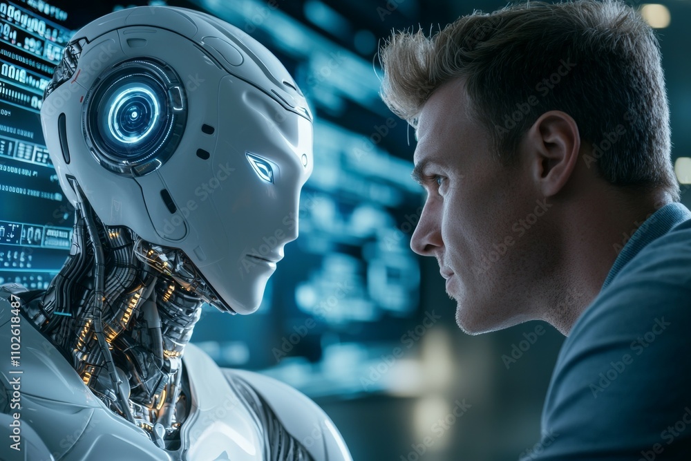 Poster a man and a robot are looking at each other