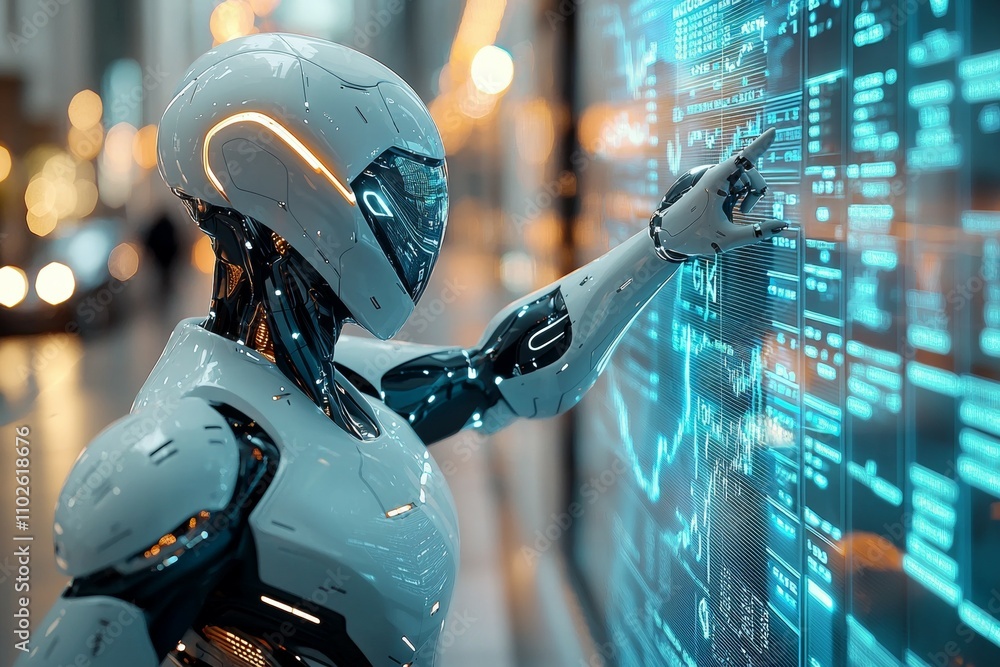 Poster a robot is touching a screen with a blue background