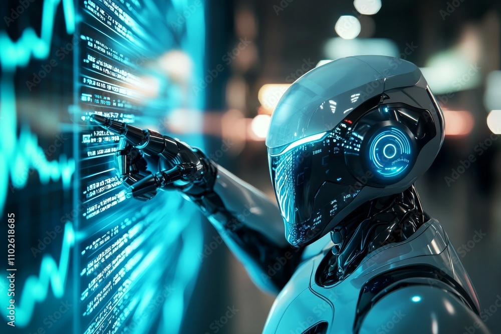 Aufkleber a robot pointing at a computer screen with blue and white colors