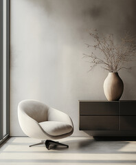 Minimalist, loft home interior design of modern living room. Room with soft boucle chairs and sofa against stucco wall, abstract art, and a neutral color palette, creating a serene and elegant space.