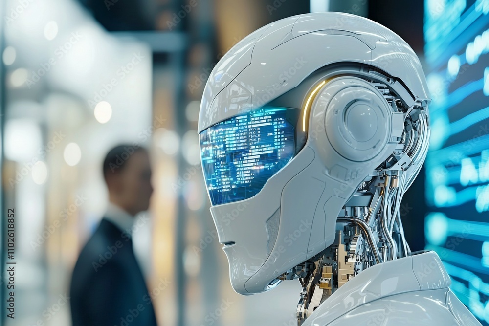 Poster a robot with a blue face stands in front of a man in a suit