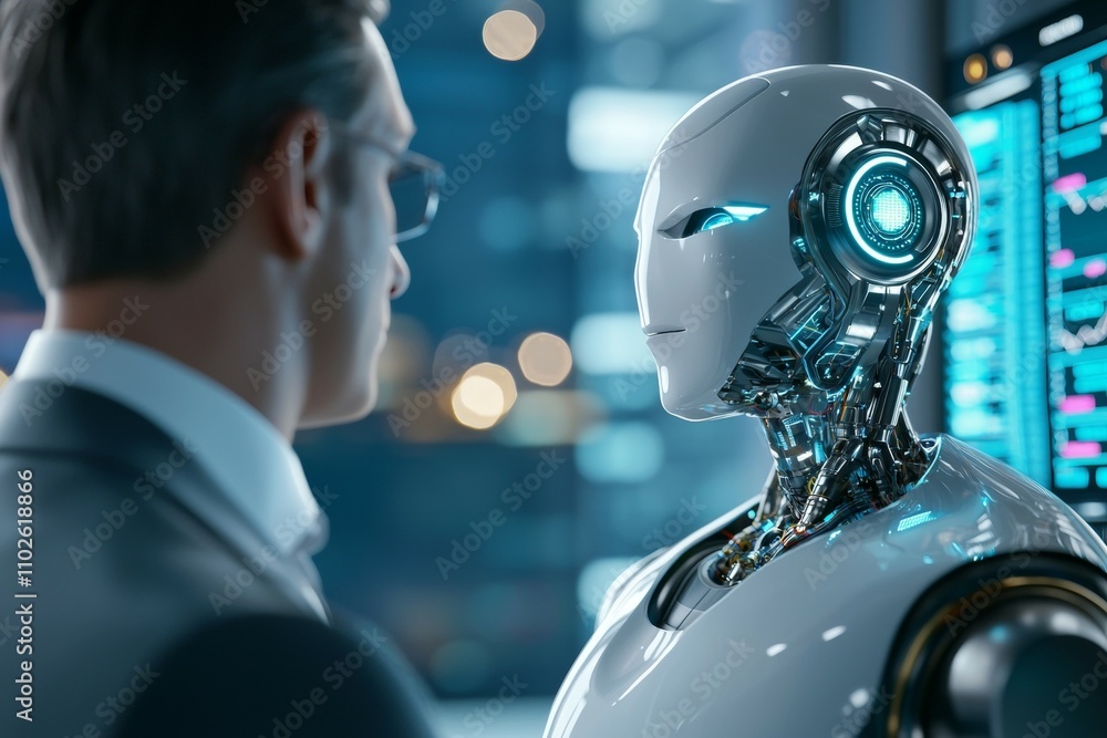 Poster a man and a robot are standing in front of a computer monitor