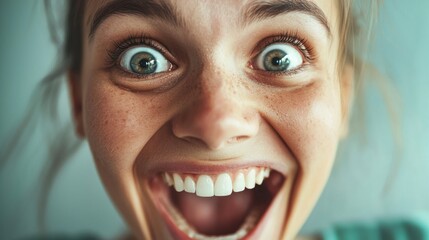 A close-up portrait of a person with wide eyes and a huge grin, radiating excitement and positivity