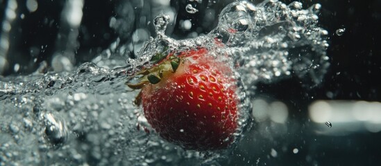 A strawberry plunging into clear water, bubbles forming around it, dramatic splash 