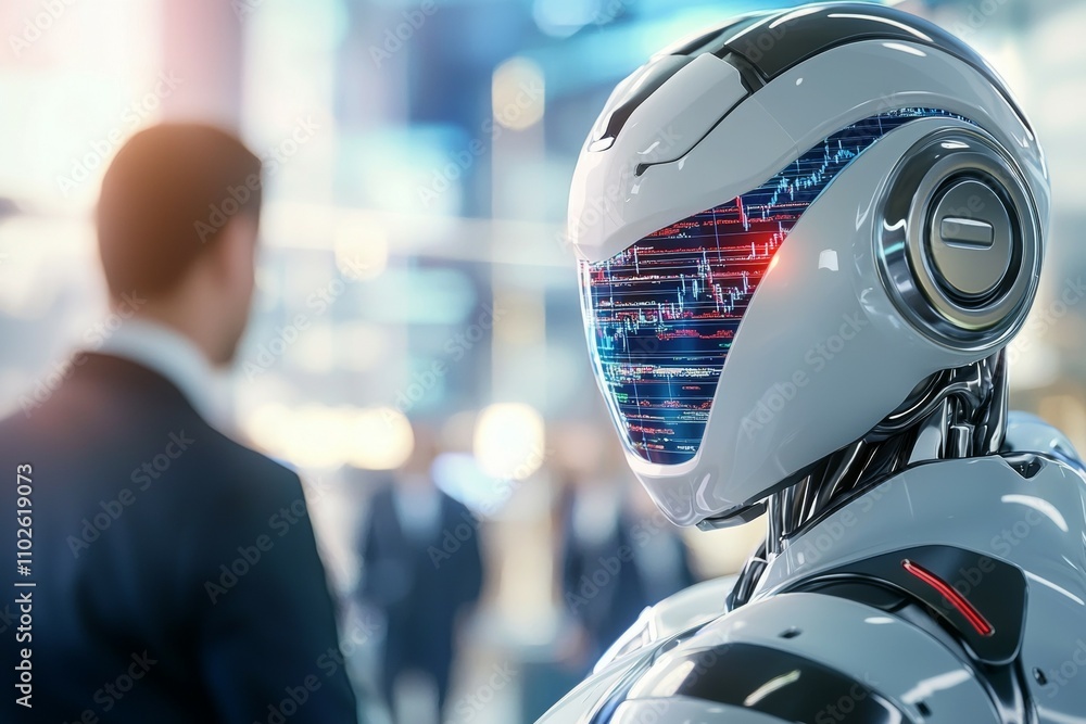 Poster a robot is standing in front of a man in a suit