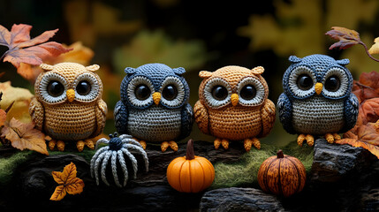 Fototapeta premium Adorable Crochet Owl Autumn Illustration