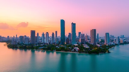 Fototapeta premium Modern Thai real estate skyline featuring a mix of high-rise condominiums, luxury villas, and traditional architecture under a vibrant sunset. Lush greenery and palm trees in the foreground, 