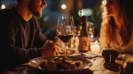 A cozy dinner date setting in a restaurant, with a couple enjoying each otherâ€™s company over a meal