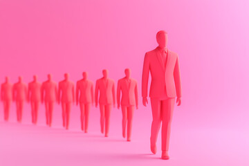 A group of stylized human figures walking in sync against a vibrant pink background.
